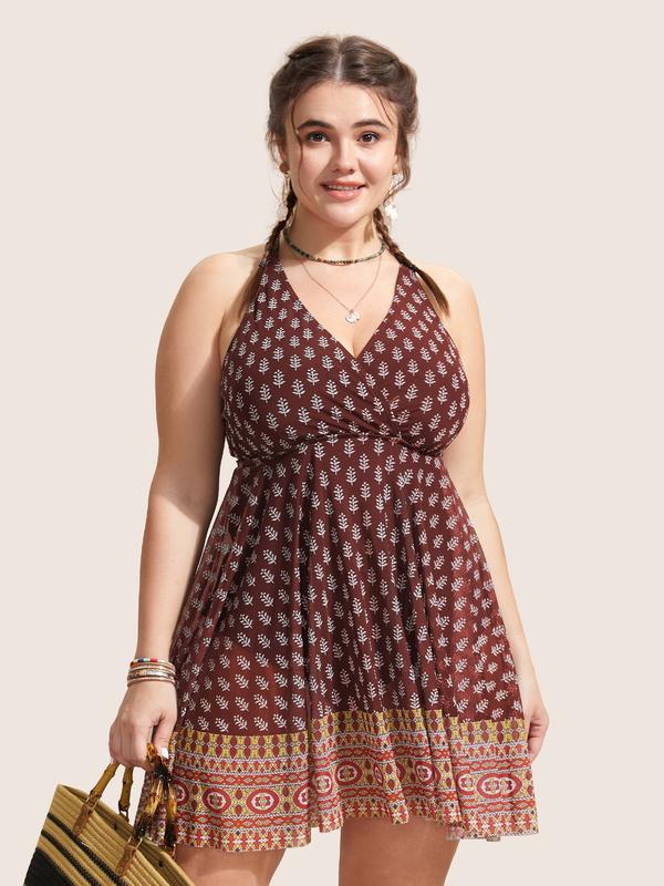 BloomChic Overlap Collar Boho Print Patchwork Swim Dress