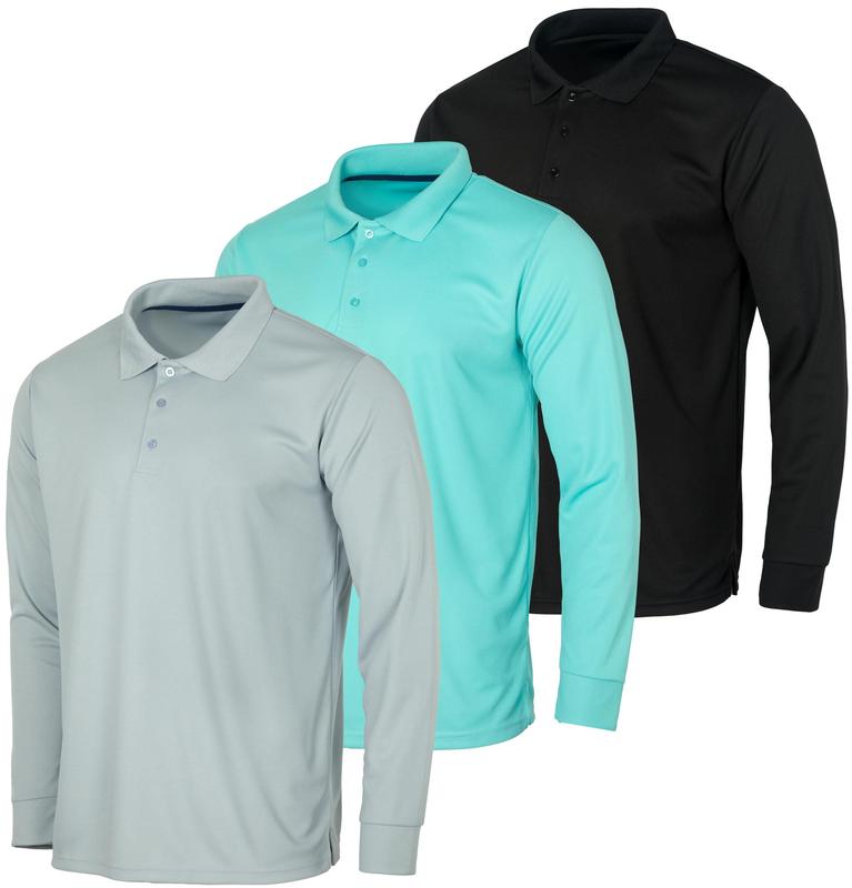 Real Essentials 3 Pack Men's Dry Fit Long-Sleeve Active Polo Shirt Casual Performance Golf (Available in Big & Tall)