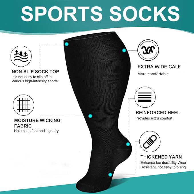 ISUNIE Compression Socks for Plus Size Men and Women, 3 Pairs, Solid Color for Running, Hiking, Football, Cycling, Christmas Comfort, 2XL-6XL