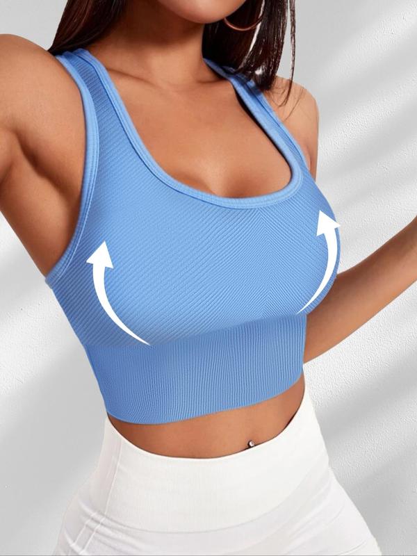 Women's Solid Wireless U Neck Ribbed Sports Bra, Breathable Comfortable Sports Bra, Ladies Sportswear for Indoor Outdoor Wear