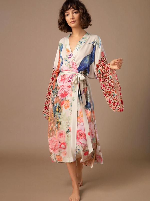 Plus Size Floral & Peacock Print Belted Wrap Kimono, Casual Split Side Drop Shoulder Outerwear, Women's Swimwear for Summer Beach Holiday Vacation