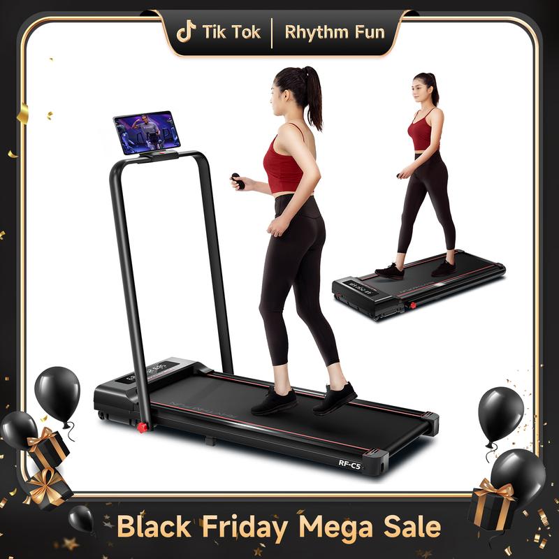 RHYTHM FUN Foldable Treadmill with Handlebar Under Desk Walking Pad Portable Exercise Equipment for Home Gym Office with 3 Window LED Display Remote Control & App (5 Year Warranty)