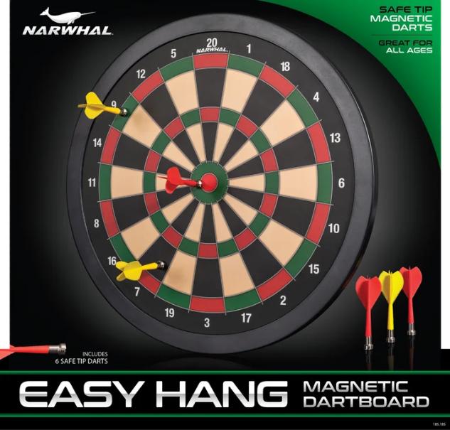 Narwhal 15.5in Easy Hang Magnetic Dartboard; Includes Six Magnetic Darts