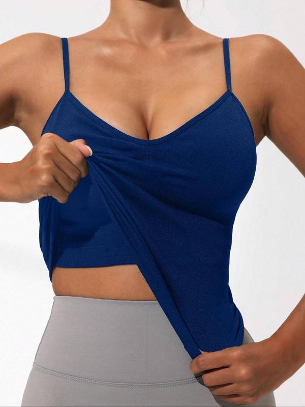 Women's Solid Adjustable Strap Buid-in Bra Design Cami Top, Solid Seamless High Stretch Yoga Sport Vest, Ladies Sportswear Clothing for Indoor Outdoor Wear