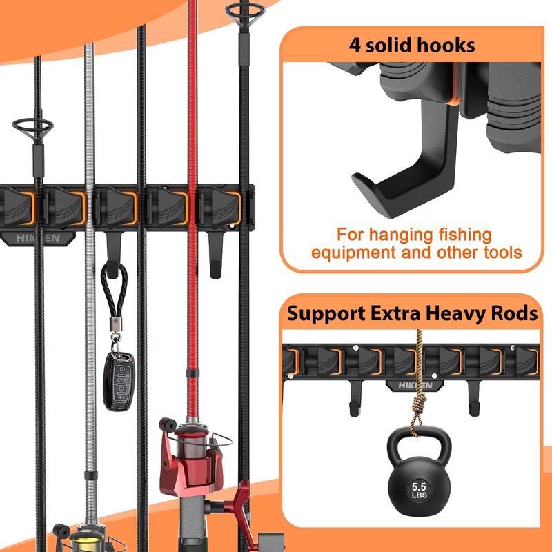 Hikeen Wall-Mounted Fishing Rod Holder Rack, Holds Up to 8 Rods or Combos, Includes 4 Hooks, Fits Rods with Diameter 3-24mm