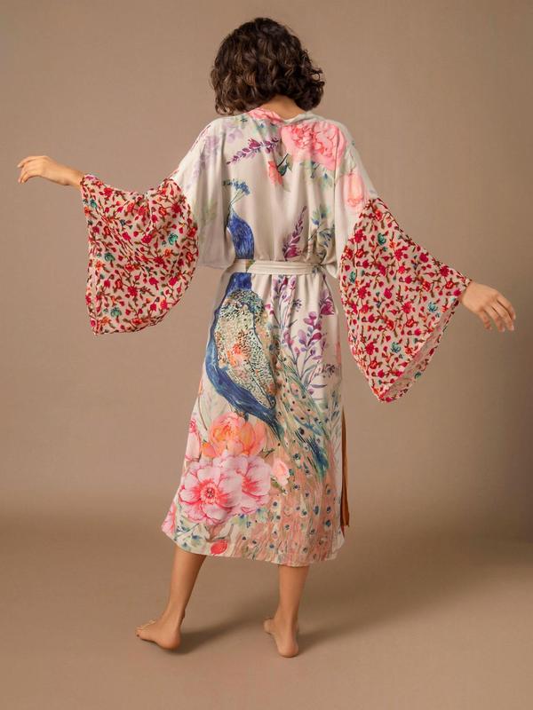 Plus Size Floral & Peacock Print Belted Wrap Kimono, Casual Split Side Drop Shoulder Outerwear, Women's Swimwear for Summer Beach Holiday Vacation