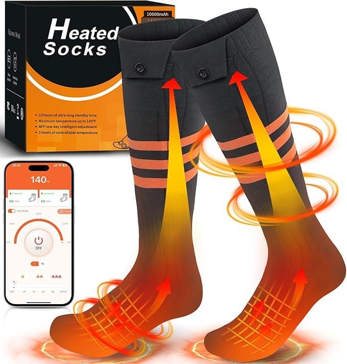 Hotdot Rechargeable Heated Socks with 5000mAh*2Batteries for Men and Women, Washable, APPControl Electric Winter Socks for Hiking