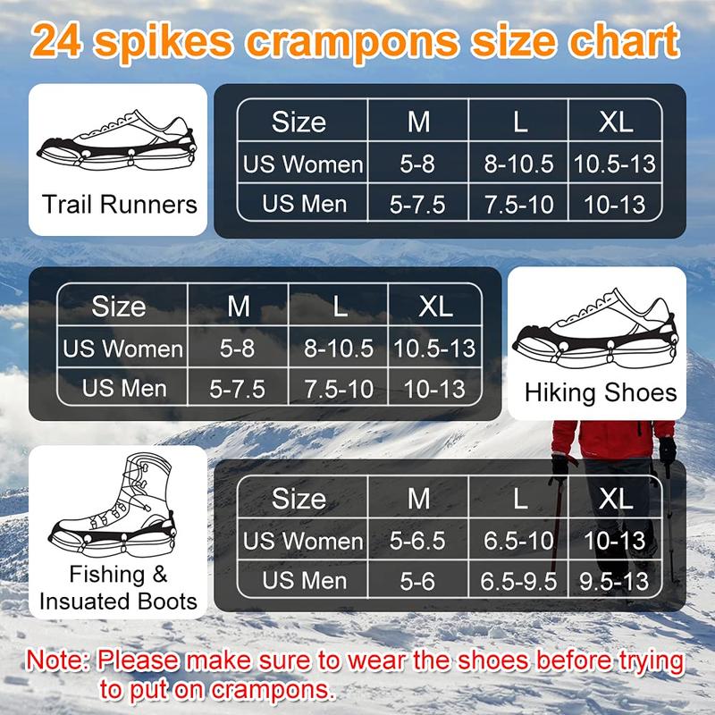 AYAMAYA Upgraded 24 Spikes Crampons Ice Cleats for Shoes and Boots - Antislip Stainless Steel Snow Traction Ice Gripper for Shoes Men Women, Snow Chains for Hiking Winter Walking Climbing - M L XL