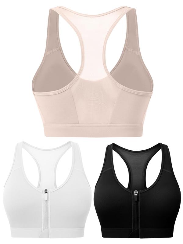 Women's Solid Zip Front Sports Bra, Removable Chest Pads Racerback Wireless Sports Bra, High Stretch Yoga Bra, Ladies Sportswear for Indoor Outdoor Wear