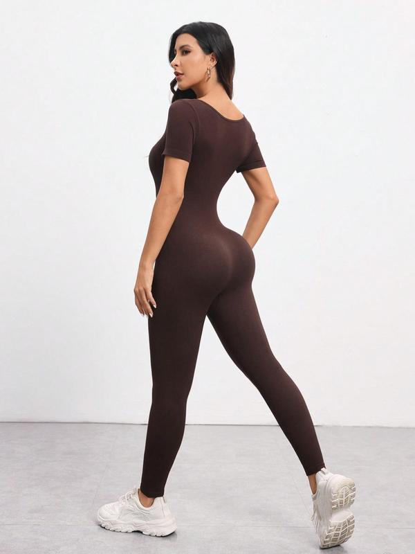 Women's Solid Scoop Neck Sports Jumpsuit, Casual Sporty Comfy Seamless Jumpsuit for Yoga Gym Workout Running, Ladies Sportswear for All Seasons