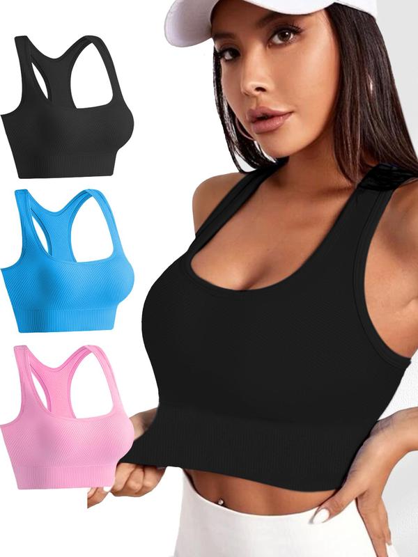 Women's Solid Wireless U Neck Ribbed Sports Bra, Breathable Comfortable Sports Bra, Ladies Sportswear for Indoor Outdoor Wear