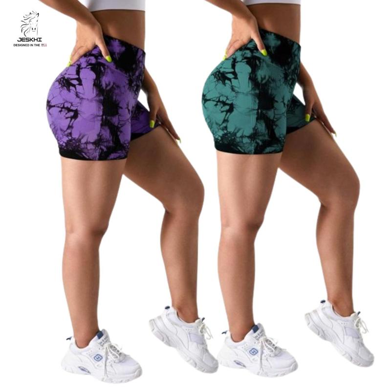 Women's 3pcs Grey,Green,Purple Tie Dye Print High Waist Seamless Sports Shorts, High Strech Gym, Yoga, Casual Indoor Outdoor Ladies Shorts