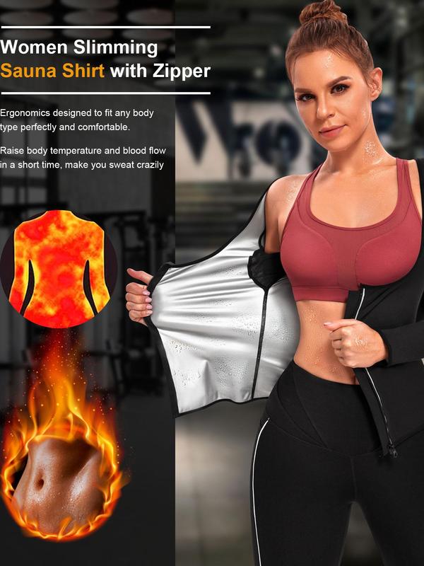 Women's Solid Zipper Sauna Tee, Long Sleeve High Stretch Sauna Top, Workout Gym Exercise Tops for Women