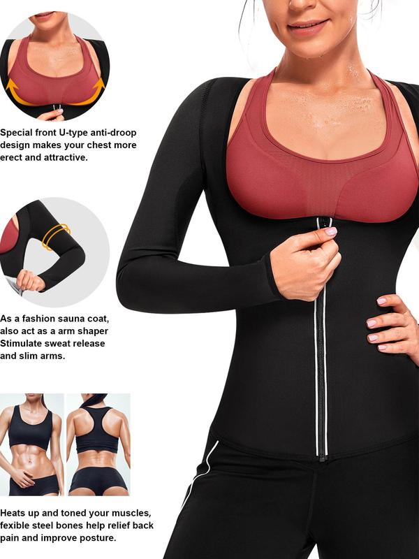 Women's Solid Zipper Sauna Tee, Long Sleeve High Stretch Sauna Top, Workout Gym Exercise Tops for Women