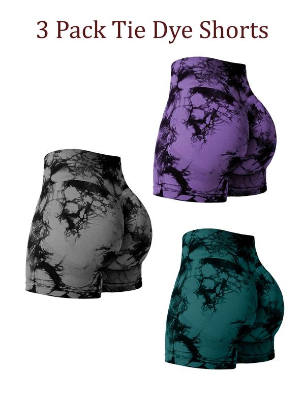 Women's 3pcs Grey,Green,Purple Tie Dye Print High Waist Seamless Sports Shorts, High Strech Gym, Yoga, Casual Indoor Outdoor Ladies Shorts