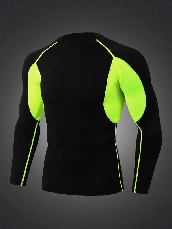 Men's Colorblock Round Neck Sports Tee, Long Sleeve Crew Neck Compression T-shirt for Fall & Winter, Men's Sportswear for Gym Workout Running