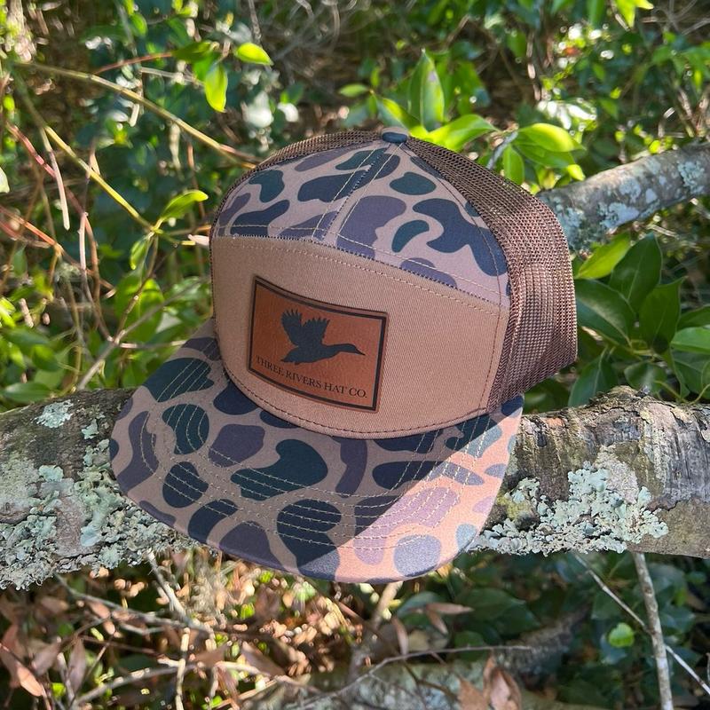 Duck Silhouette Patch-Old School Camo (2 patterns available) Flat Bill 7 panel snapback hat