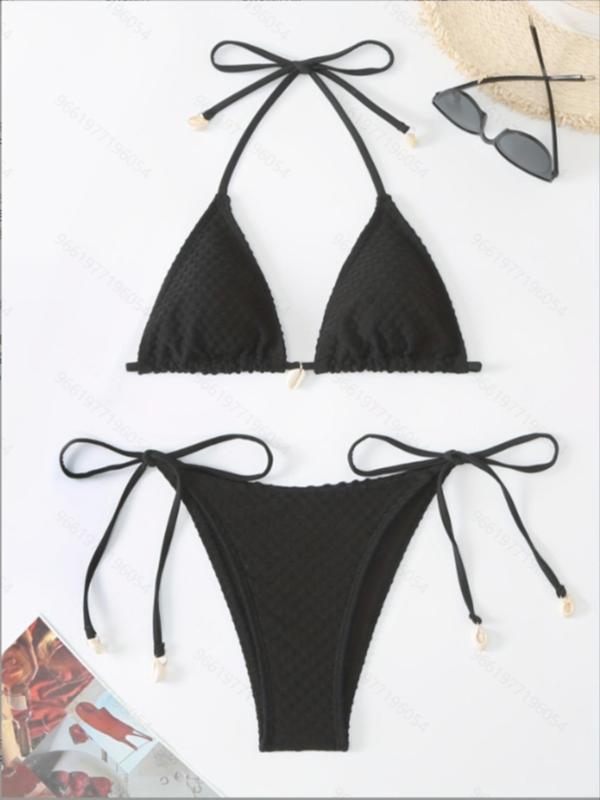 Women's Plain Textured Bikini Set, Casual Tie Back Halter Triangle Bra & Tie Side Swim Botttom, Ladies Summer Swimwear