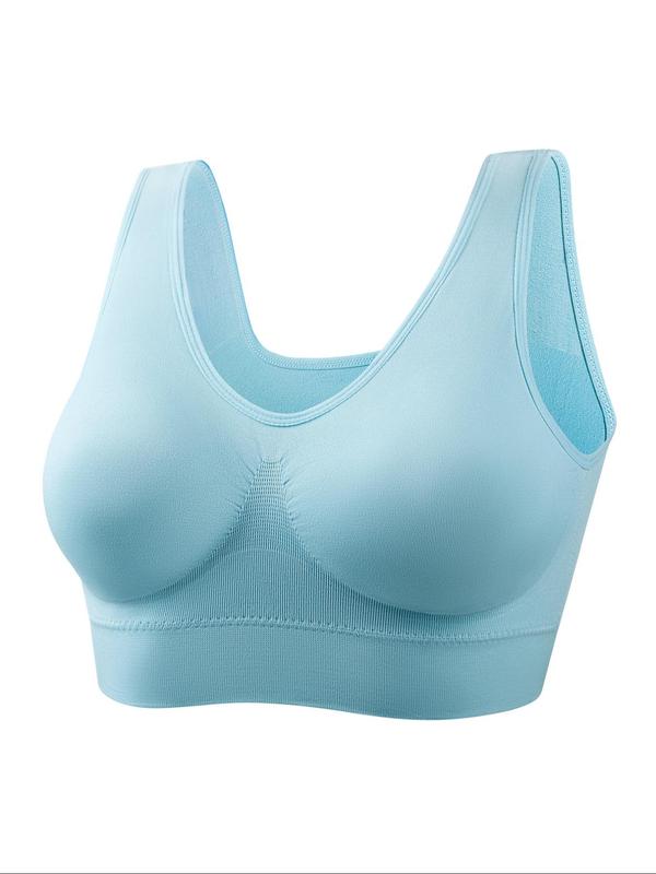  Solid Color Wireless Bra, Breathable Comfortable Scoop Neck Shirred Back Sports Bra, Women's Lingerie for All Seasons