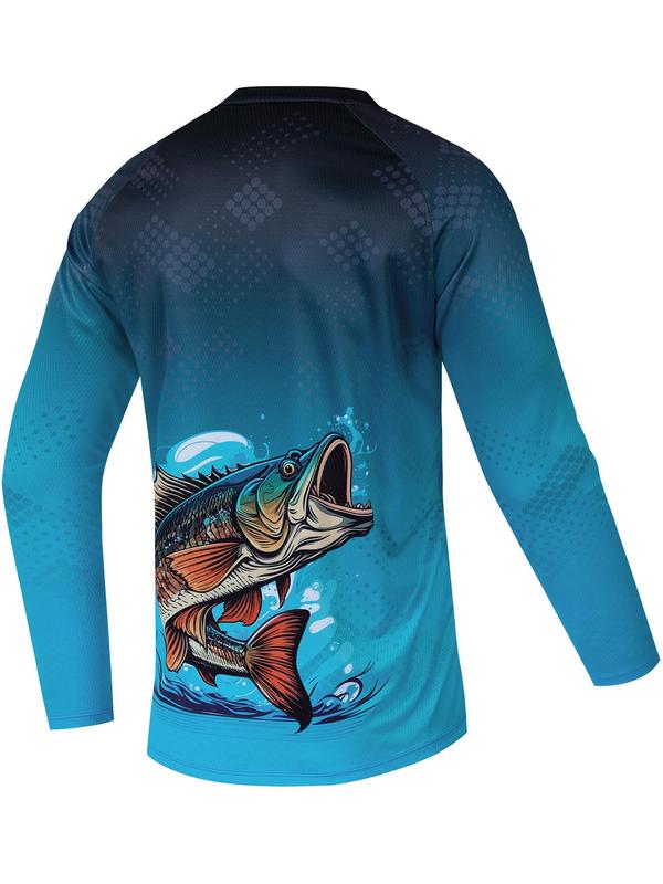 Men's Fish Print Round Neck Sports Tee, Regular Fit Sporty Raglan Sleeve Crew Neck T-shirt, Men's Sportswear for Spring & Fall Outdoor Activities