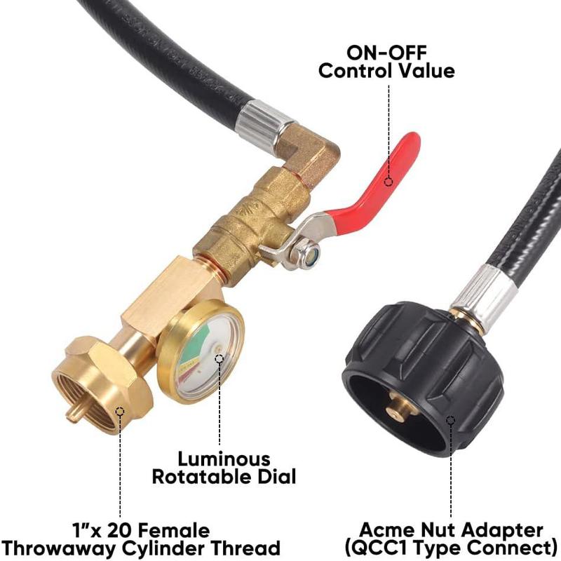 Propane Refill Adapter Hose, 350PSI High Pressure Camping Grill Hose with Pressure Gauge & on-Off Control Valve, Pipe Fittings & Accessories