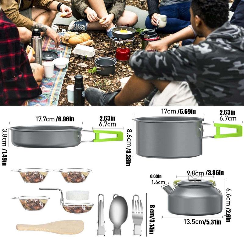 Summer Outdoor Camping Cookware for Picnic, 1 Set Teapot & Pan & Boiling Pot & Bamboo Spoon & Cleaning Sponge & Plastic Bowls & Serving Ladle Cutlery Set