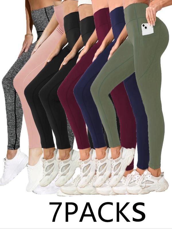 Women's Solid High Waist Pocket Sports Leggings, Casual Comfy Breathable Skinny Compression Pants for Yoga Gym Workout Running, Ladies Sportswear for All Seasons