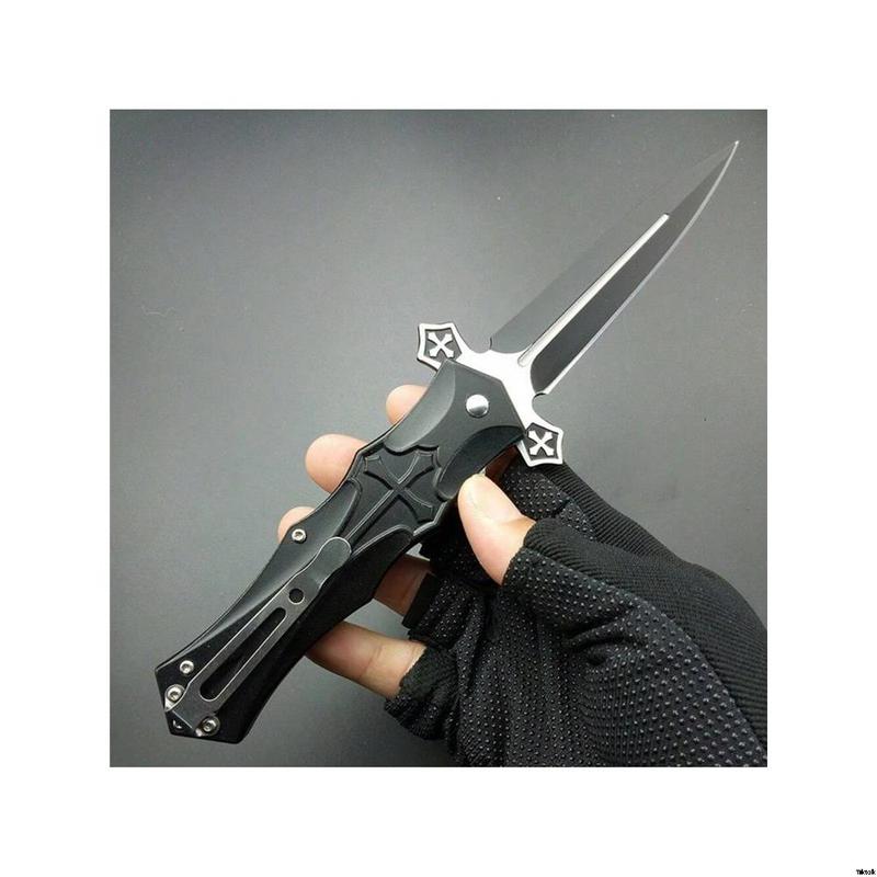 Black Gift Beautiful and Hiking Camping Style Cross, Knife EDC Lightweight, Pocket, Knife Blade Folding Tool Escape Car Survival