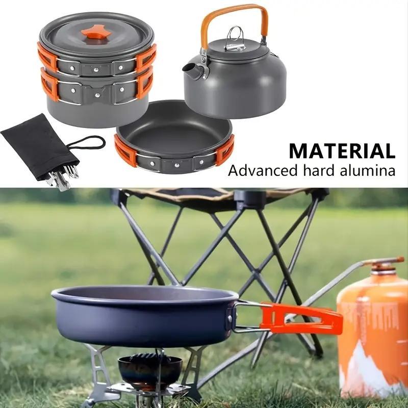 Summer Outdoor Camping Cookware for Picnic, 1 Set Teapot & Pan & Boiling Pot & Bamboo Spoon & Cleaning Sponge & Plastic Bowls & Serving Ladle Cutlery Set