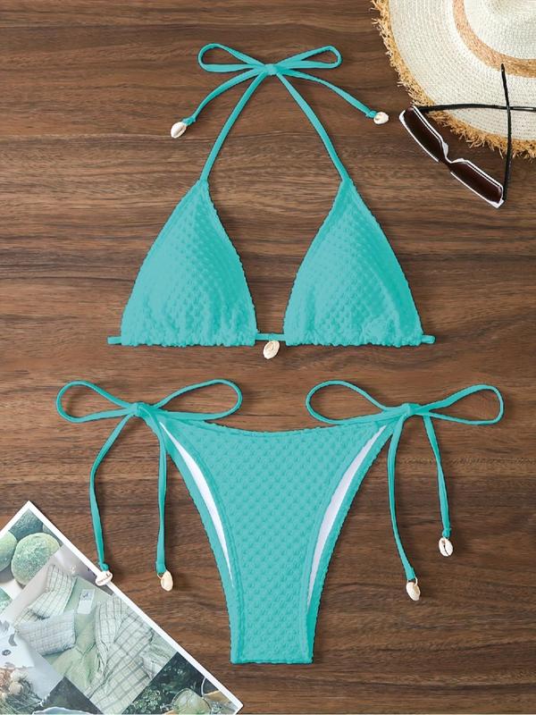 Women's Plain Textured Bikini Set, Casual Tie Back Halter Triangle Bra & Tie Side Swim Botttom, Ladies Summer Swimwear