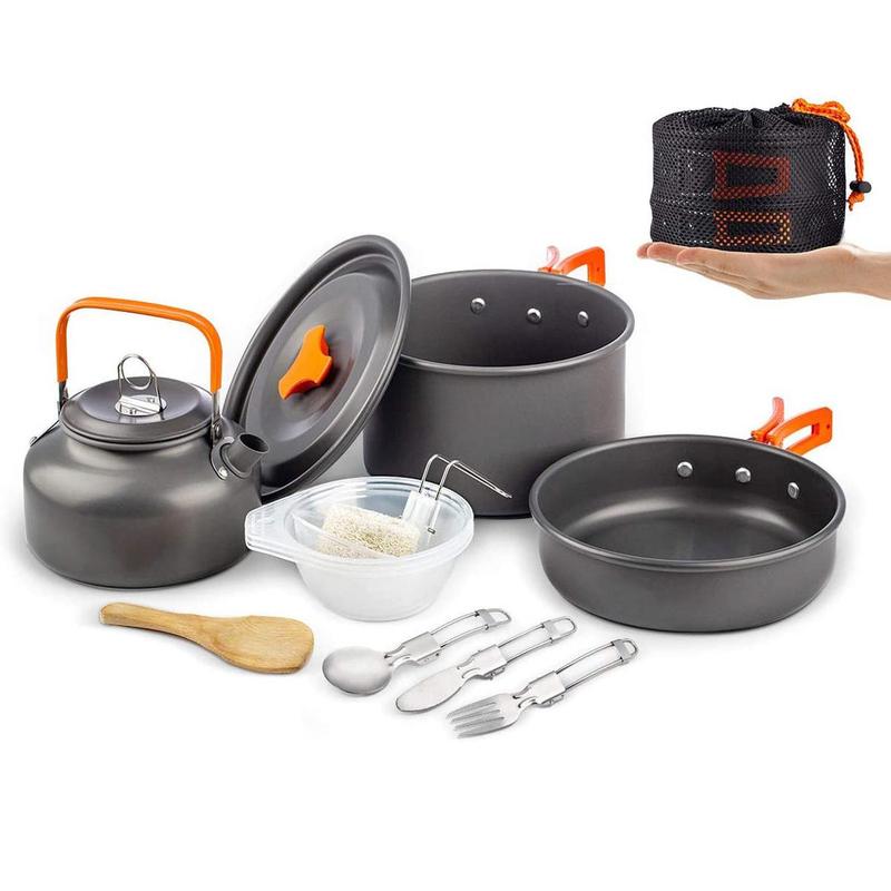 Summer Outdoor Camping Cookware for Picnic, 1 Set Teapot & Pan & Boiling Pot & Bamboo Spoon & Cleaning Sponge & Plastic Bowls & Serving Ladle Cutlery Set