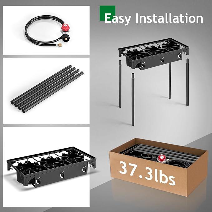 3 Burner Propane Gas Stove for Outdoor Cooking, 225,000 BTU Camping Cooker with Removable Legs, Temperature Control Knobs for Backyard Cooking, BBQ, Baking and Frying