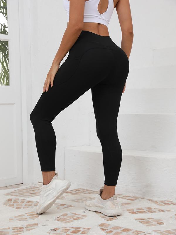 Women's Solid High Waist Pocket Sports Leggings, Casual Comfy Breathable Skinny Compression Pants for Yoga Gym Workout Running, Ladies Sportswear for All Seasons