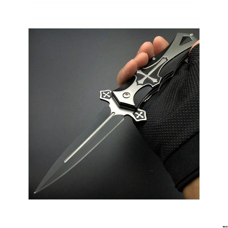 Black Gift Beautiful and Hiking Camping Style Cross, Knife EDC Lightweight, Pocket, Knife Blade Folding Tool Escape Car Survival