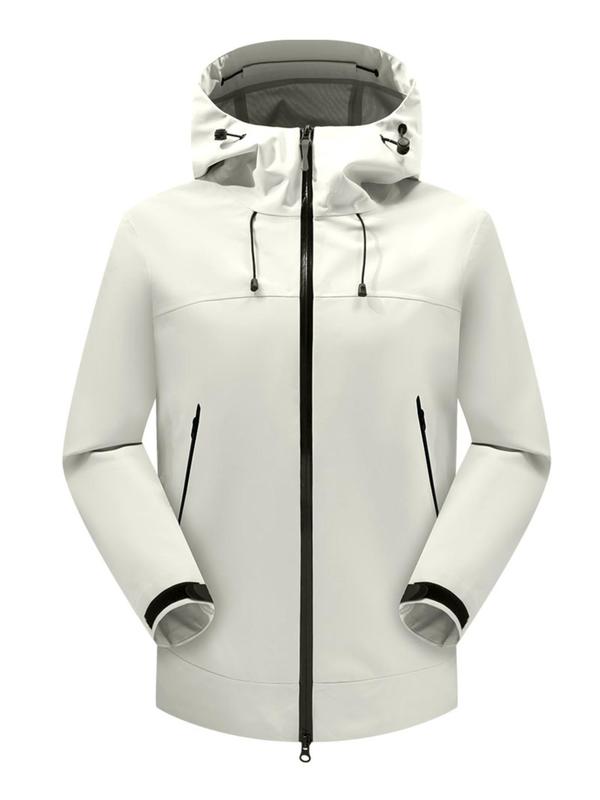 Men's Solid Zip Up Drawstring Hooded Skiing Jackets, Regular Fit Sporty Waterproof Long Sleeve Pocket Skiing Jackets for Outdoor Activities, Men's Sportswear for Fall & Winter