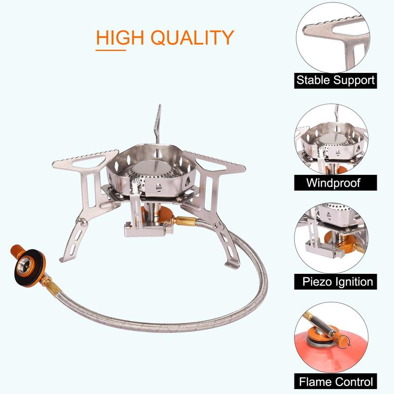 Camping Gas Stove, Portable Backpacking Stove with Piezo Ignition, Portable Burner, Camping Stove Adapter and Carrying Case for Outdoor Cooking