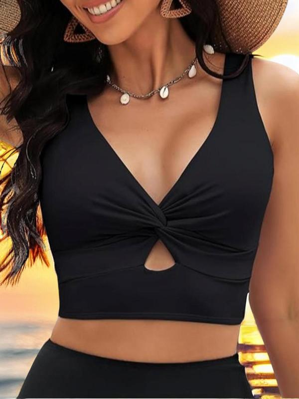 Women's Plain Twist Cut Out Crop Swimwear Top, Casual V Neck Adjustable Strap Sleeveless Swim Top for Summer, Fashion Women's Swimwear for Beach Swimming, Vacation Clothes