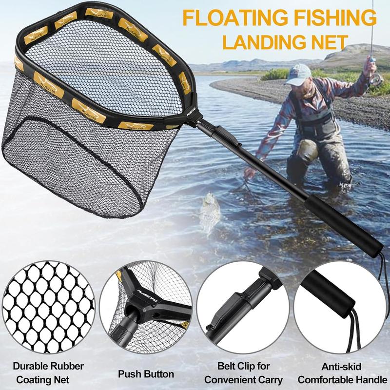 Floating Fishing Net for Steelhead, Salmon, Fly, Kayak, Catfish, Bass, Trout Fishing, Rubber Coated Landing Net for Easy Catch & Release, Compact & Foldable for Easy Transportation & Storage