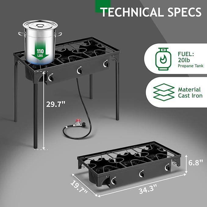 3 Burner Propane Gas Stove for Outdoor Cooking, 225,000 BTU Camping Cooker with Removable Legs, Temperature Control Knobs for Backyard Cooking, BBQ, Baking and Frying