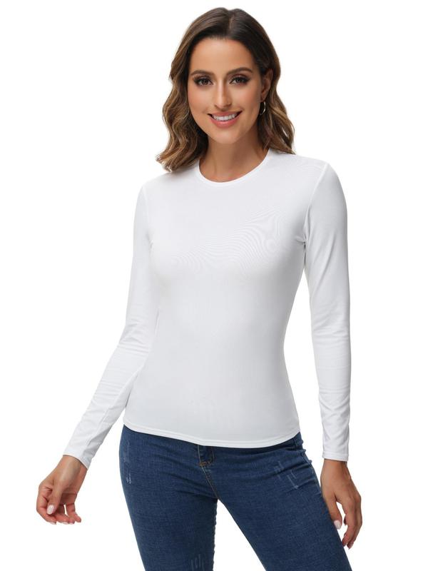 Women's Solid Round Neck Sports Thermal Underwear Top, Sporty Long Sleeve Crew Neck Top for Daily Outdoor Wear, Ladies Sportswear for All Seasons