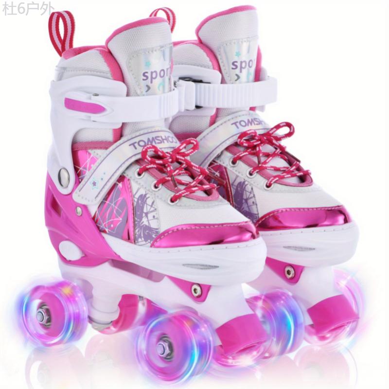 Glow-in-the-Dark Adjustable Roller Skates for Youngsters - Fun Pink & White, 4 Sizes Available, Perfect for Beginners