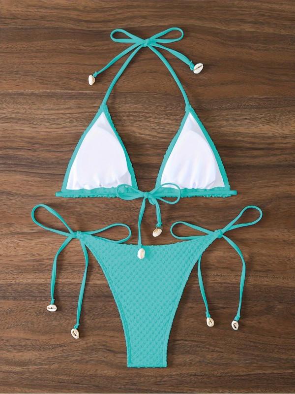 Women's Plain Textured Bikini Set, Casual Tie Back Halter Triangle Bra & Tie Side Swim Botttom, Ladies Summer Swimwear