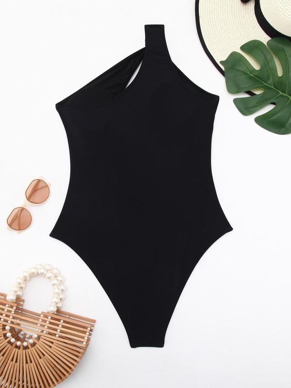 Women's Cut Out One Shoulder Swimsuit, Solid Sleeveless One-Piece Swimwear, Ladies Summer Beach Holiday Vacation Swimsuit