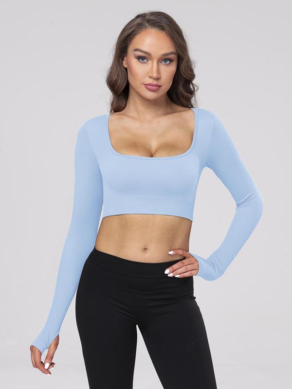 Women's Solid Cut Out Square Neck Crop Sports Tee, Long Sleeve Tight-fitting T-shirt for Yoga Gym Workout, Ladies Sportswear Clothing for Indoor Outdoor Wear