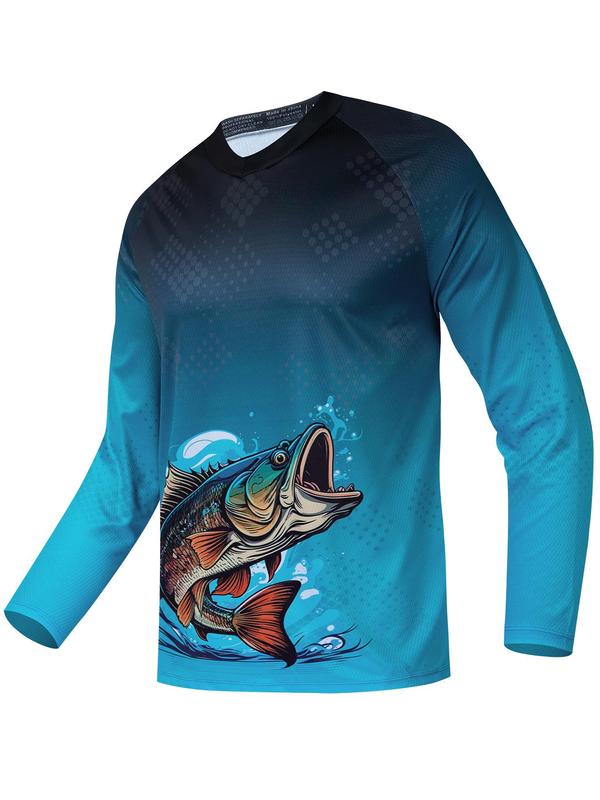 Men's Fish Print Round Neck Sports Tee, Regular Fit Sporty Raglan Sleeve Crew Neck T-shirt, Men's Sportswear for Spring & Fall Outdoor Activities