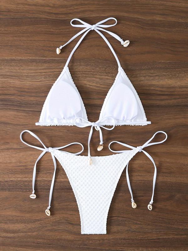 Women's Plain Textured Bikini Set, Casual Tie Back Halter Triangle Bra & Tie Side Swim Botttom, Ladies Summer Swimwear