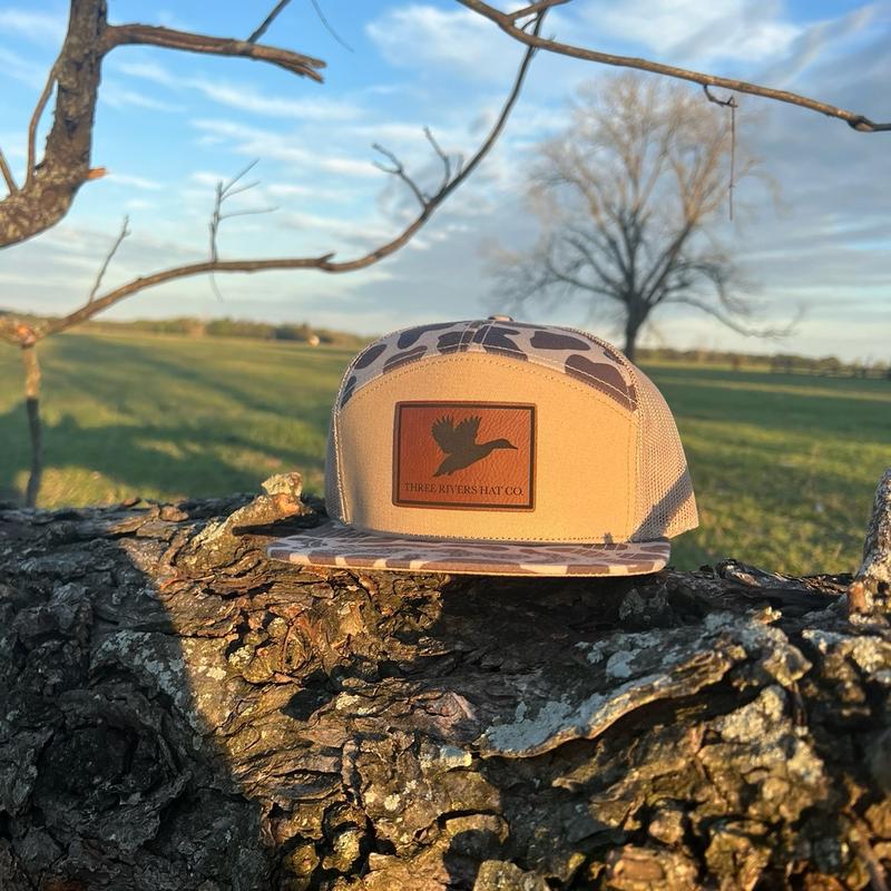 Duck Silhouette Patch-Old School Camo (2 patterns available) Flat Bill 7 panel snapback hat