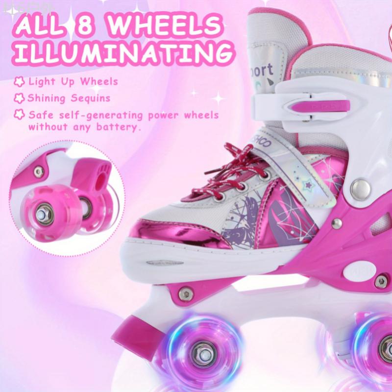 Glow-in-the-Dark Adjustable Roller Skates for Youngsters - Fun Pink & White, 4 Sizes Available, Perfect for Beginners