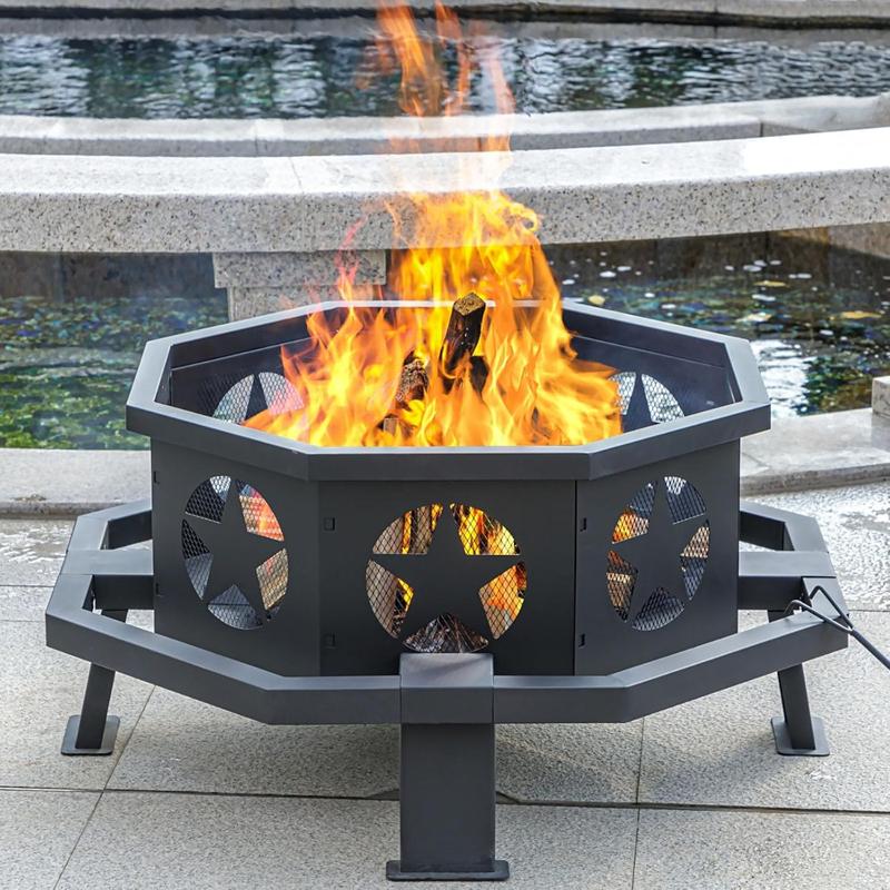 35 inch Fire Pit for Outside, Heavy Duty Wood Burning Fire Pits,Outdoor Fireplace Octagonal Firepit for Camping, Backyard, Patio