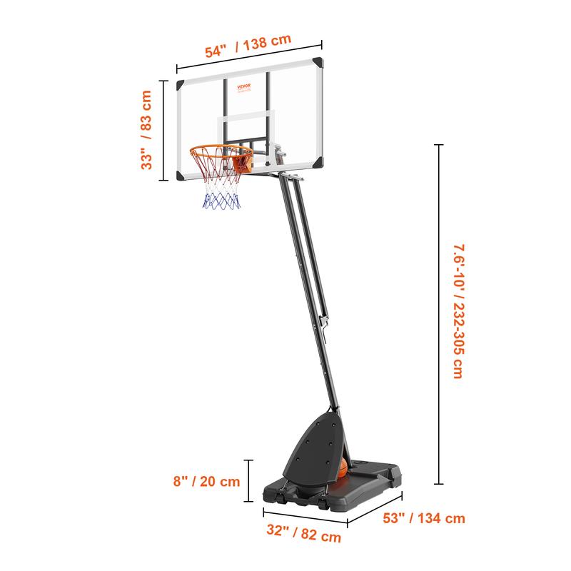 VEVOR Basketball Hoop, 7.6-10 ft Adjustable Height Portable Backboard System, 54 inch Basketball Hoop & Goal, Basketball Set with Wheels, Stand, and Fillable Base, for Outdoor Indoor